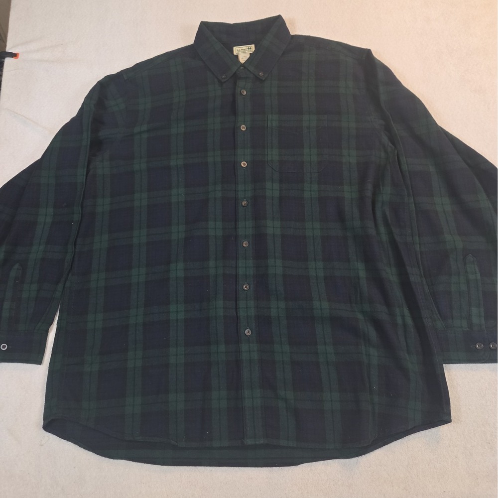 LL Bean Black Watch Flannel Shirt Mens XXL-Tall Green Blue Plaid Cotton